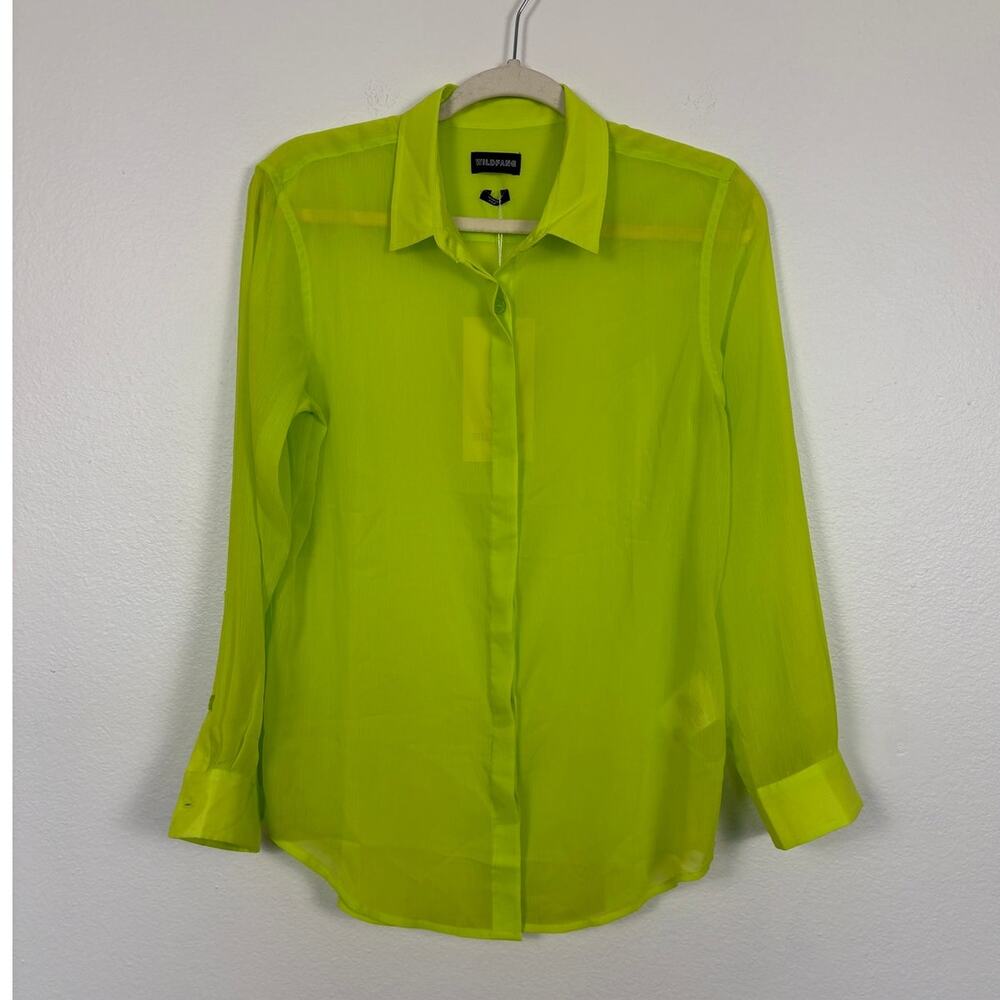 NWT Wildfang The Empower Sheer Long Sleeve Button Up Lime Green Sheer Blouse XS